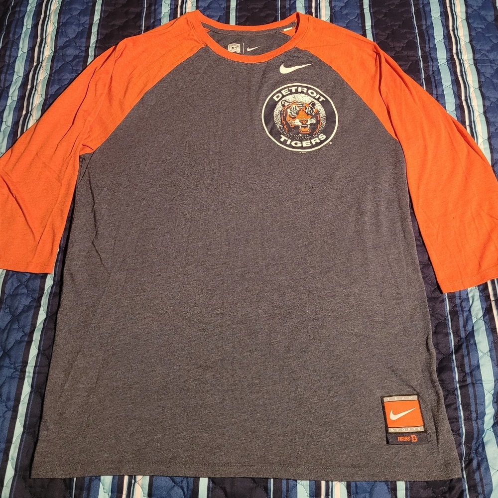 Nike large blue/orange Detroit Tigers dri fit 3/4 sleeve shirt
